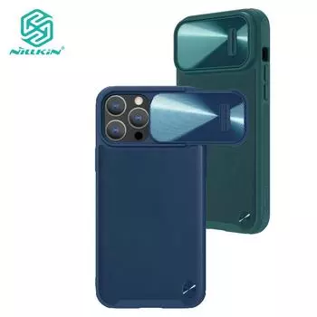 Роскошный кожаный чехол Nillkin CamShield S для iPhone 14 Pro Max, чехол для телефона, слайдер для камеры из сплава, противоударная задняя крышка iPhone 14 Pro Max синий
