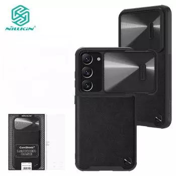 Роскошный кожаный чехол Nillkin CamShield S для Samsung Galaxy S23 Plus, чехол для телефона, слайдер для камеры из сплава, противоударная задняя крышка Samsung S23 Plus чёрный