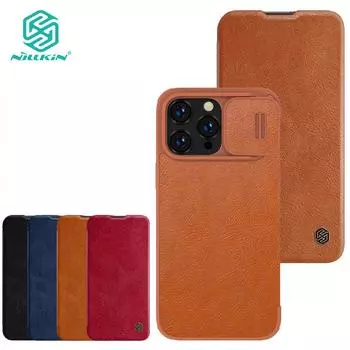 Роскошный кожаный чехол Nillkin с откидной крышкой QIN Pro для iPhone 14 Pro, противоударный защитный чехол-слайдер для камеры с держателем для карт iPhone 14 Pro чёрный