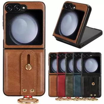 Роскошный кожаный чехол-подставка с браслетом для Samsung Galaxy Z Flip 6 5 5G, чехол-кольцо, ультратонкий противоударный защитный чехол For Galaxy Z Flip 5 красный