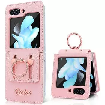 Роскошный кожаный чехол-подставка с кольцом для Samsung Galaxy Z Flip 3 4 5 5G Flip3 Flip4 Flip5 защитный модный противоударный роскошный чехол For Samsung Z Flip5 светло-розовый
