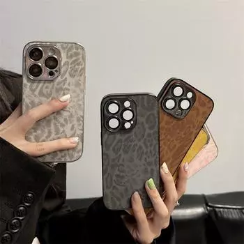 Роскошный кожаный чехол с леопардовым принтом и покрытием для iPhone 16 Pro Max 15 14 Plus 13 12 Pro 11, защитный чехол от падения с защитной пленкой для объектива iPhone 16 Pro Max чёрный