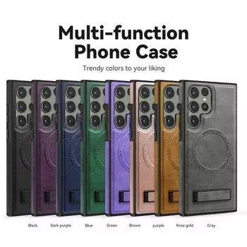 Роскошный магнитный кожаный чехол для телефона Samsung S25 S24 FE S23 Ultra S22 iPhone 15 Pro Max 14 13 12 11 противоударный держатель-подставка чехол для телефона iPhone 15 чёрный