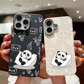 Роскошный кожаный чехол с рисунком милой панды для iPhone 16 15 Pro 14 Plus 13 12 11 Pro Max Xs Max Xr 8 7 Plus, ударопрочный, мягкий, из ТПУ, тонкий чехол iPhone 16 чёрный