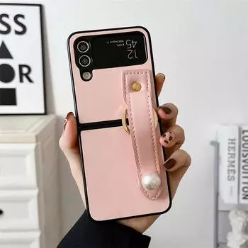 Роскошный кожаный чехол с жемчужным ремешком для телефона Samsung Galaxy Z Flip 4 3, милый цветной защитный чехол для Z Flip3 Flip4 5g For Z Flip 3 розовый
