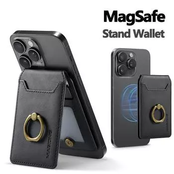 Роскошный кожаный держатель для карт Magsafe для iPhone 16 12 13 14 15 Pro Max Samsung Cellphone Holder Finger Ring Grip Kickstand Wallet Case N52 Strong Magnet коричневый