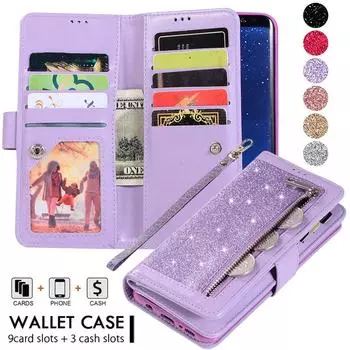 Роскошный кожаный флип-чехол на молнии с блестящим чехлом-кошельком на 9 карт для Samsung S21 Note20 A50 iPhone 11 12 Mini 12 Pro Huawei P40 Huawei P40 чёрный