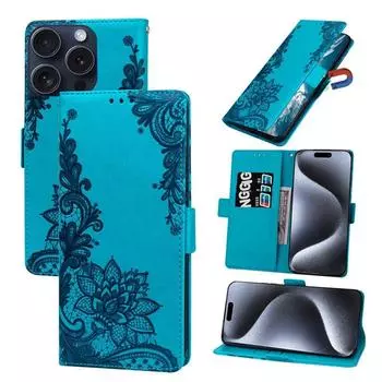 Роскошный кожаный флип-чехол с тиснением, кружевом и цветком для iPhone 15, 14, 13, 12, 11 Pro Max X XR XS Max 7, 8, 14, 15 Plus, противоударный чехол-бумажник, чехол для книги For iPhone 15 красный