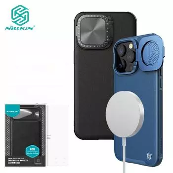 Роскошный кожаный магнитный чехол Nillkin CamShield для iPhone 15 Pro, чехол для телефона из сплава, противоударная задняя крышка с креплением для камеры For iPhone 15 pro чёрный