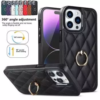 Роскошный кожаный металлический чехол для телефона с кольцом на палец для iPhone 14 13 12 11 Pro Max 14 Plus 13 mini SE2 Xs Max XR 8 7 Plus/Samsung S23 S22 Ultra Plus iPhone 6/6s чёрный