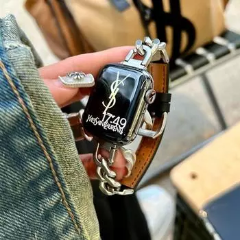 Роскошный кожаный ремешок для Apple Watch, ремешок 44 мм, 40 мм, 45 мм, 41 мм, 38 мм, 42 мм, браслет из нержавеющей стали для iWatch Series 8 Ultra 7 6 5 38 or 40 or 41mm