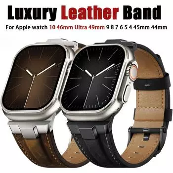 Роскошный кожаный ремешок для Apple Watch Series 10 46 мм Ultra 2/1 49 мм 45 мм 44 мм 42 мм Мягкий браслет для iwatch 9 8 7 se 6 5 4 3 Mens Correa 42mm 44mm 45mm чёрный