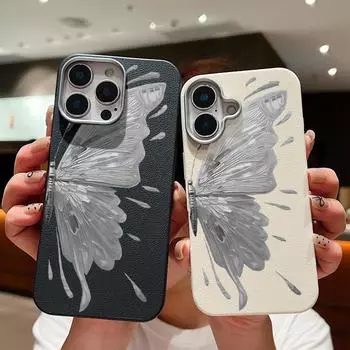 Роскошный кожаный текстурный серый чехол с рисунком бабочки для iPhone 16 15 Pro 14 Plus 13 12 11 Pro Max Xs Xr 8 7 Plus ударопрочный мягкий тонкий чехол из ТПУ iPhone 16 чёрный