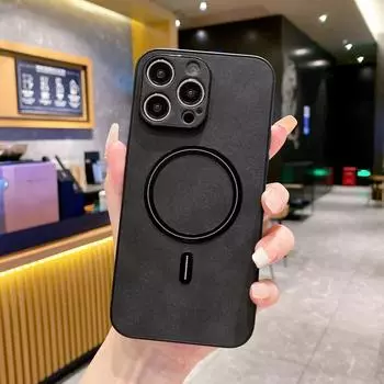 Роскошный кожаный тонкий магнитный чехол для iPhone 16 Pro Max 15 Pro 14 13 12 11 для MagSafe мягкая противоударная матовая задняя крышка iPhone 16 чёрный