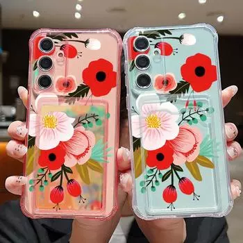 Роскошный красный цветочный принт прозрачный чехол для карты памяти для Samsung S24 FE S23 S22 Ultra A55 A16 A54 A35 A15 A14 прозрачный противоударный мягкий силиконовый чехол для телефона Samsung S24 серый
