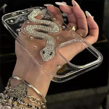 Роскошный креативный чехол для телефона со стразами и змеиной эпоксидной смолой для iPhone 15 14 13 12 Pro Max 11 стильный блестящий противоударный мягкий чехол в подарок iPhone 16 Pro Max