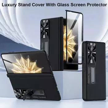 Роскошный кронштейн из искусственной кожи, стеклянный чехол для экрана для Honor Magic V2, чехлы для телефонов, защитная крышка на петлях, подставка, принципиально For Honor Magic V2 чёрный