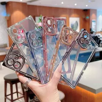 Роскошный квадратный чехол с покрытием Bling Diamond для iPhone 16 Pro 15 14 Plus 13 Pro Max, блестящий бампер со стразами, прозрачный мягкий TPU с защитой объектива iPhone 16 розовый