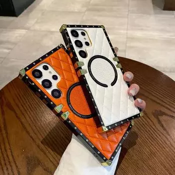 Роскошный квадратный кожаный чехол для телефона Samsung S24 S23 S22 Ultra A54 A53 A34 A33 A73 Iphone 15 Pro Max 14 Pro 13 12 11, противоударный чехол с ромбической текстурой Samsung S24 коричневый