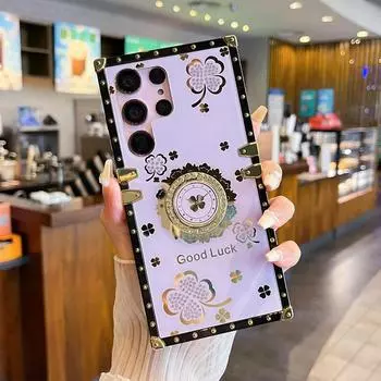 Роскошный квадратный силиконовый чехол для телефона с бриллиантами и клевером для Samsung Galaxy S23 S22 Ultra S21 S20 Plus A14 A34 A54 A13 A23 A33 A53 A22 A32 A52/iphone/Redmi iphone 7 8 розовый