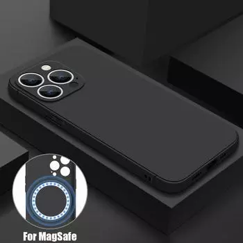 Роскошный квадратный тонкий силиконовый чехол для iPhone 15 14 Pro Max 13 Pro 12 11, мягкий защитный чехол для объектива Magsafe, магнитный противоударный чехол для телефона с ремешком iPhone 15 чёрный