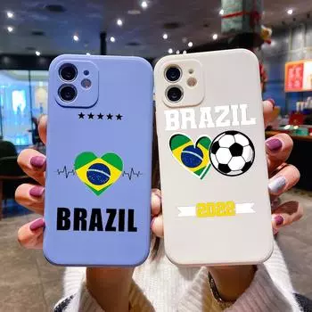 Роскошный квадратный жидкий силиконовый чехол для телефона с флагом Бразилии и футболом для iPhone 14 11 12 13 Pro Max Mini X XS XR 7 8 Plus SE2 DIY Cover iPhone 12Pro Max