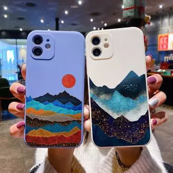 Роскошный квадратный жидкий силиконовый чехол с пейзажем с ручной росписью для iPhone 14 11 12 13 Pro Max Mini X XS XR 7 8 Plus SE2 DIY чехол iPhone 7 8 SE