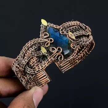 Роскошный лабрадорит, драгоценный камень, медная проволока ручной работы, регулируемый браслет для нее Adjustable синий