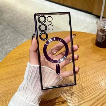 Роскошный лазерный чехол Magsafe для Samsung Galaxy S24 S23 S22 S21 Ultra Plus FE, магнитный силиконовый прозрачный чехол с беспроводной зарядкой For Galaxy S21 чёрный