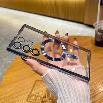 Роскошный лазерный чехол Magsafe для Samsung Galaxy S24 S23 S22 S21 Ultra Plus FE, магнитный силиконовый прозрачный чехол с беспроводной зарядкой For Galaxy S21 чёрный