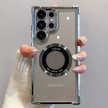 Роскошный магнитный чехол для беспроводной зарядки с роскошным покрытием для Samsung S24 Ultra S23 FE S22 Plus, прозрачный противоударный защитный чехол для камеры, мягкий чехол For S24 Ultra темно-зеленого