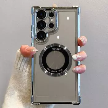 Роскошный магнитный чехол для беспроводной зарядки с роскошным покрытием для Samsung S24 Ultra S23 FE S22 Plus, прозрачный противоударный защитный чехол для камеры, мягкий чехол For S24 темно-зеленого