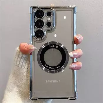 Роскошный магнитный чехол для беспроводной зарядки Samsung S24 Ultra S23 FE S22 Plus S21 S20 Note 20 прозрачная защитная крышка для объектива Samsung Note 20 Ultra чёрный