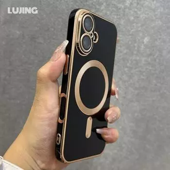 Роскошный магнитный чехол для телефона iPhone 16 15 14 Plus 13 12 11 Pro Max для беспроводной зарядки Magsafe, защитная крышка для объектива For iPhone 16 чёрный