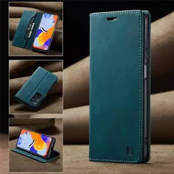Роскошный магнитный чехол-кошелек из натуральной кожи для Redmi Note 13 12 11s 10s 9s с отделением для карт, подставкой, противоударным складным держателем, полной защитой Redmi Note 13 4G чёрный