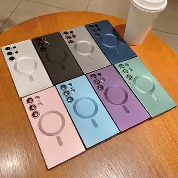 Роскошный магнитный чехол Magsafe с беспроводной зарядкой для iPhone 15 14 Pro 13 12 Samsung Galaxy S23 S22 S21 S20 Ultra, защитный чехол для объектива камеры iPhone 7 / 8 светло-синий