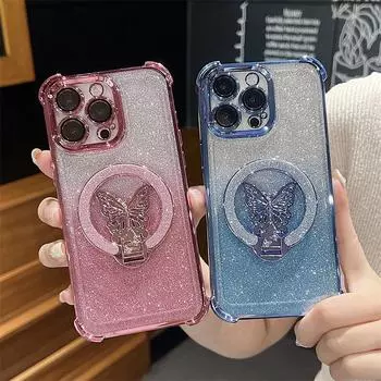 Роскошный магнитный чехол-подставка Butterfly с гальваническим покрытием для iPhone 16 Pro Max 15 14 Plus 13 12 11 Pro, защитный чехол от падения iPhone 16 Pro Max чёрный