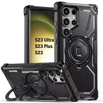 Роскошный магнитный чехол с беспроводной зарядкой для Samsung Galaxy S24 S23 Ultra 5G, силиконовый чехол с поворотным кольцом и подставкой, чехол-держатель For Galaxy S23 Ultra чёрный