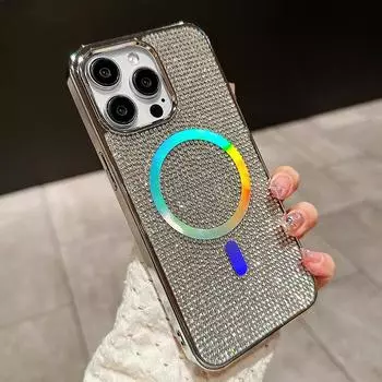Роскошный магнитный чехол с лазерным бриллиантом для IPhone 15 Pro Max 11 12 13 14 Plus для Magsafe с блестящим покрытием и беспроводной зарядкой For iPhone 15 ProMax чёрный