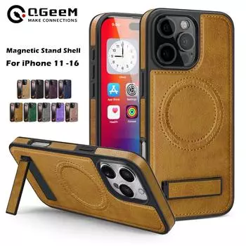 Роскошный магнитный кожаный чехол для телефона с беспроводной зарядкой Magsafe, чехол для iPhone 16 Pro Max 15 14 Plus, задняя крышка, держатель, подставка iPhone 11 чёрный