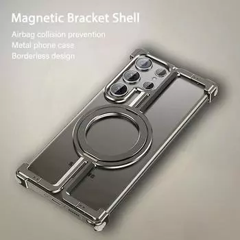 Роскошный магнитный металлический чехол Magsafe без оправы для телефона с подставкой для Samsung Galaxy S24 Ultra 24 Plus, металлический чехол из алюминиевого сплава для iphone 15 14 13 12 Pro Max iphone 14pro чёрный