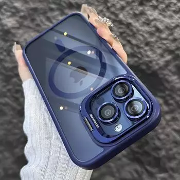 Роскошный магнитный противоударный чехол для телефона iPhone 16 15 14 13 12 11 Pro Max Plus Funda Stand Glass Защитная задняя крышка для объектива iPhone 13 Pro темно-синий