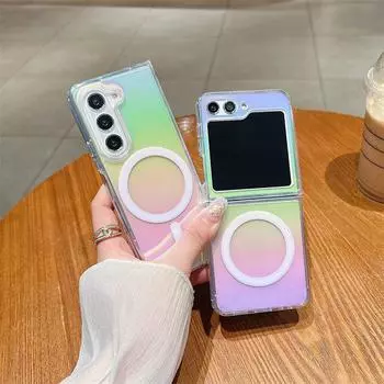 Роскошный магнитный прозрачный чехол из ТПУ с лазерной радугой для Samsung Z Fold 6 Samsung Z Fold 5/4/3 Z Flip 6/5/4/3 Универсальный защитный чехол от падения Samsung Z Flip 3