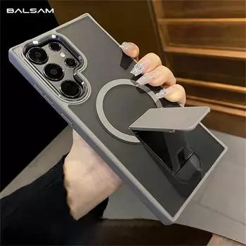 Роскошный матовый чехол для беспроводной зарядки Magsafe, складной держатель-подставка, магнитный чехол для Samsung S24 S23, ультра-ударопрочный прозрачный чехол с полной защитой For Samsung S24 чёрный