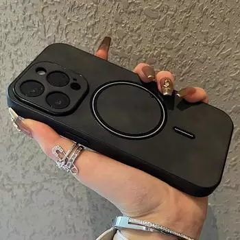 Роскошный матовый кожаный беспроводной зарядный чехол Magsafe для iPhone 16 15 14 Plus 13 12 11 Pro Max мягкий противоударный чехол для телефона For iPhone 15 Pro Max чёрный