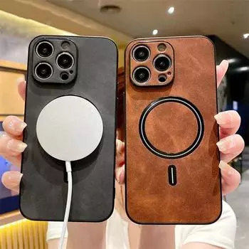 Роскошный матовый кожаный чехол для беспроводной магнитной зарядки Magsafe для iPhone 16 15 14 Plus 13 11 12 Pro Max, противоударный чехол для телефона For iPhone 15 Pro Max чёрный