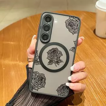 Роскошный матовый магнитный чехол с принтом роз для Samsung S24 FE S23 Ultra S22 A15 A55 A54 A35 A14 A34 тонкий прозрачный противоударный чехол для телефона MagSafe Samsung S24 чёрный