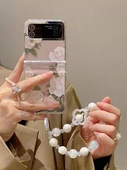Роскошный чехол-цепочка с изображением медведя и белой розы для Samsung Galaxy Z Flip 3 4 5g Zflip3 Z Flip3 Flip4 Cover For Z Flip 3