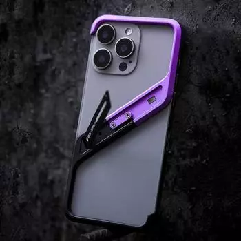 Роскошный металлический безрамочный чехол для iPhone 16 15 14 Pro Max со стильной геометрической подставкой, идеальный чехол для телефона с эффектом голого металла For iPhone 15 Pro Max фиолетовый/чёрный