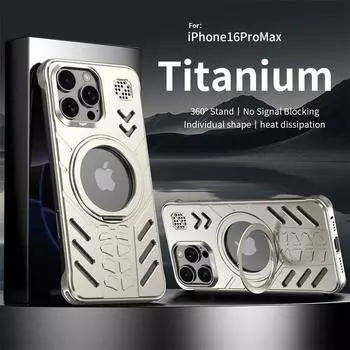 Роскошный металлический чехол-подставка с магнитным ароматерапевтическим чехлом для iPhone 16 15 Pro Max Magsafe с беспроводной зарядкой, поворотным безрамным охлаждающим чехлом For iPhone 16 Pro Max чёрный